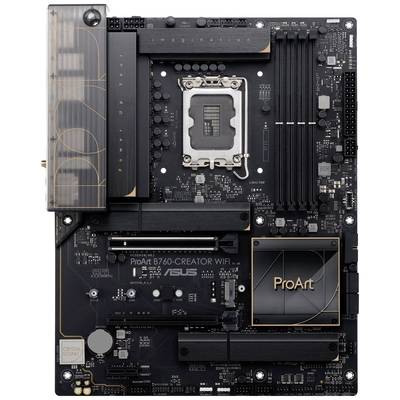 'ASUS ProArt B760-Creator WiFi' Mainboard mit LGA1700-Sockel, vier RAM-Steckplätze und PCIe-Slots, für High-End-Computerbau geeignet.