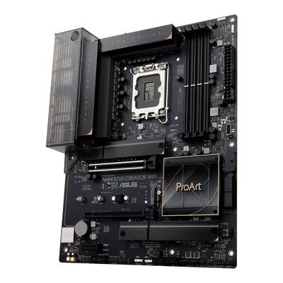 Eine schwarze Computer-Mainboard mit der Aufschrift 'ProArt'. Sichtbar sind Anschlüsse für CPU, RAM und andere Komponenten.