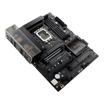 Ein schwarzes Mainboard mit goldenen Akzenten, mehreren Anschlüssen und einem großen CPU-Sockel, designt für leistungsstarke Computer.