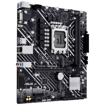 'ASUS-Motherboard Modell H610M-E' mit einem schwarzen PCB, mehreren Anschlüssen und Steckplätzen für CPU, RAM und Erweiterungskarten.