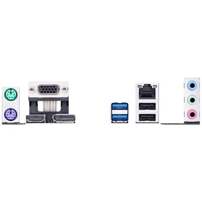 Rückseite eines Computer-Motherboards mit verschiedenen Anschlüssen: PS/2, VGA, HDMI, USB, Ethernet und Audioanschlüsse.