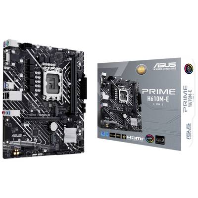 'Motherboard ASUS Prime H610M-E, links die Platine mit verschiedenen Steckplätzen und Anschlüssen, rechts die Verpackung.'