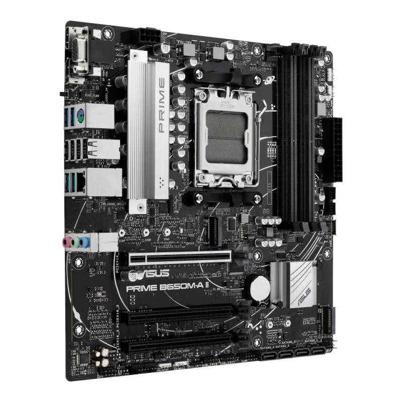Eine Computer-Mainboard von ASUS, Modell PRIME B550M-A II, zeigt verschiedene Anschlüsse, Steckplätze und Kühlkörper.