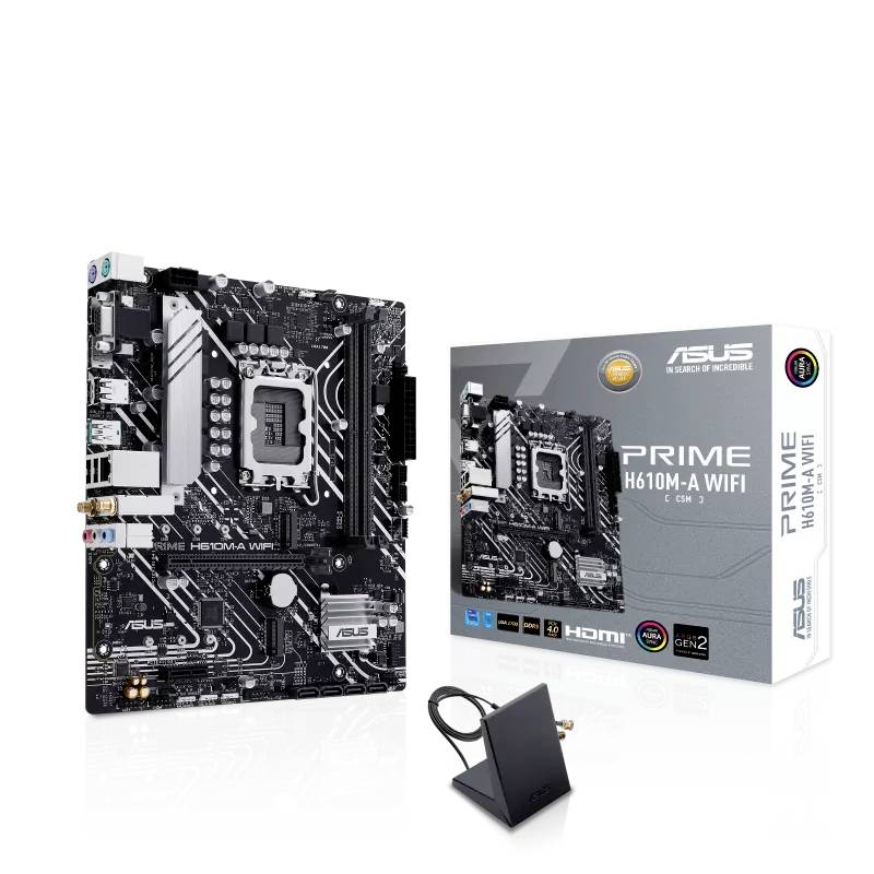 Eine schwarze ASUS PRIME H610M-A WIFI-Mainboard-Platine mit Verpackung im Hintergrund. Enthält WiFi-Funktionalität.
