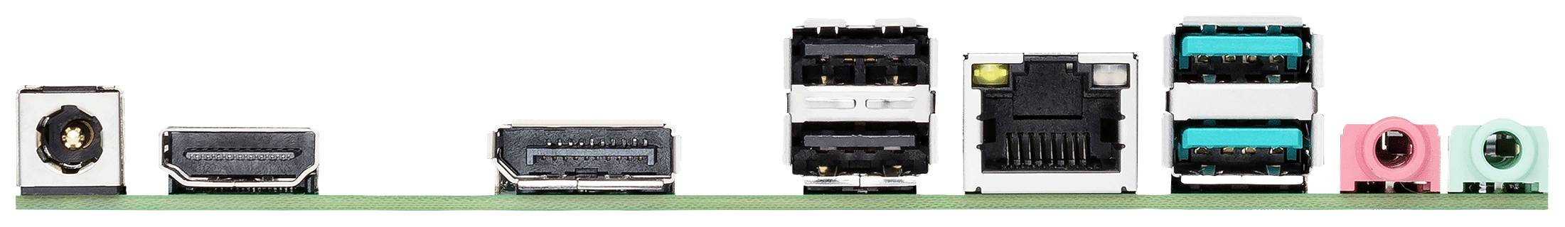 Mehrere Computeranschlüsse einschließlich HDMI, USB und Audio auf einer Platine, in einer Reihe angeordnet.