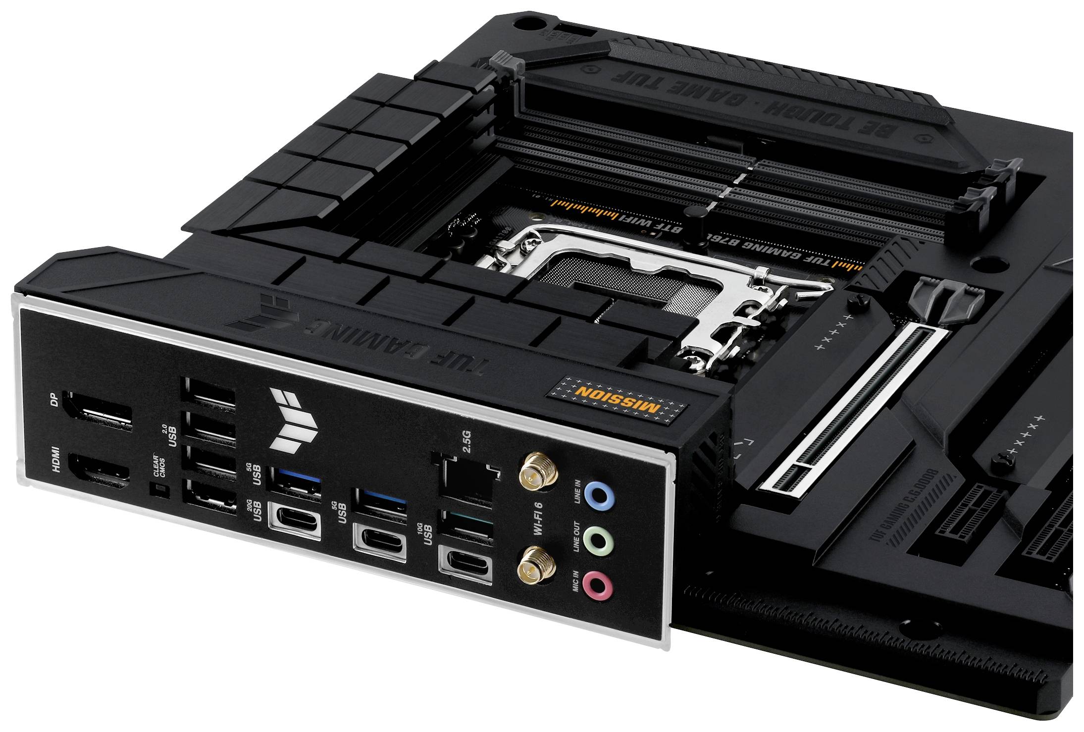 Computer-Mainboard mit mehreren Anschlüssen, darunter HDMI, USB und Audioeingänge. Zentrale Prozessor-Position sichtbar, ein ASUS-Produkt.