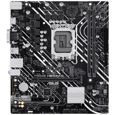 Bild einer ASUS Prime H610M-D Hauptplatine, zeigt Steckplätze und Anschlüsse für CPU, RAM, PCIe und weitere Komponenten.