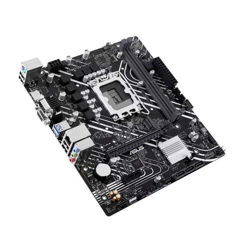 Eine schwarze Computer-Mainboard-Platine mit verschiedenen Anschlussports und Steckplätzen für Komponenten.