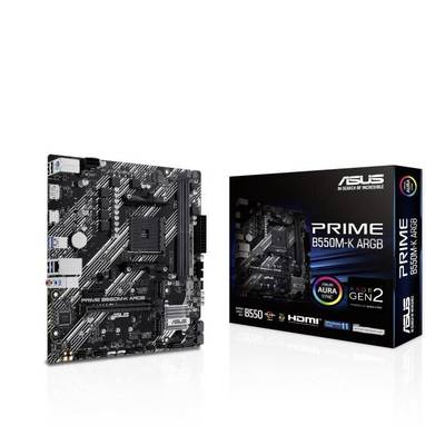 'ASUS Prime B550M-K ARGB' Motherboard neben der Verpackung. Unterstützt B550-Chipsatz, Aura Sync, HDMI, und AMD AM4 Sockel.