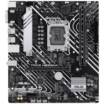 Eine Mainboard-Platine, Modell 'PRIME H610M-A', mit verschiedenen Schnittstellen und Steckplätzen für elektronische Komponenten.