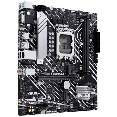 'ASUS PRIME H610M-A' Motherboard mit silbernen und schwarzen Leiterbahnen, Steckplätzen für RAM, CPU-Sockel, Anschlüssen für USB und Audio.