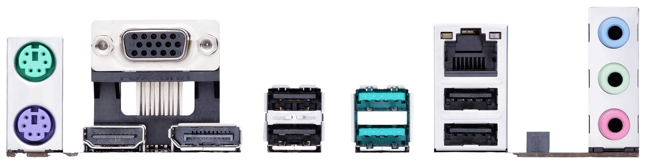 Rückseite eines Computer-Motherboards mit verschiedenen Anschlüssen: PS/2, VGA, HDMI, USB, Ethernet und Audiobuchsen.