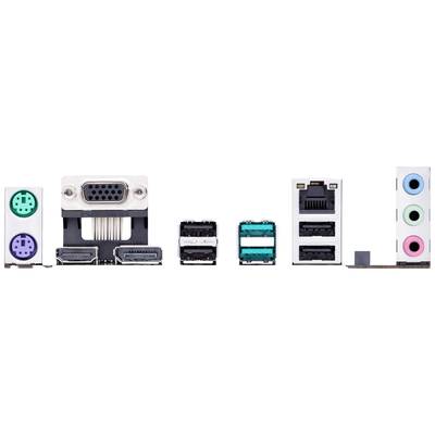 Rückseite eines Computer-Motherboards mit verschiedenen Anschlüssen: PS/2, VGA, HDMI, USB, Ethernet und Audiobuchsen.
