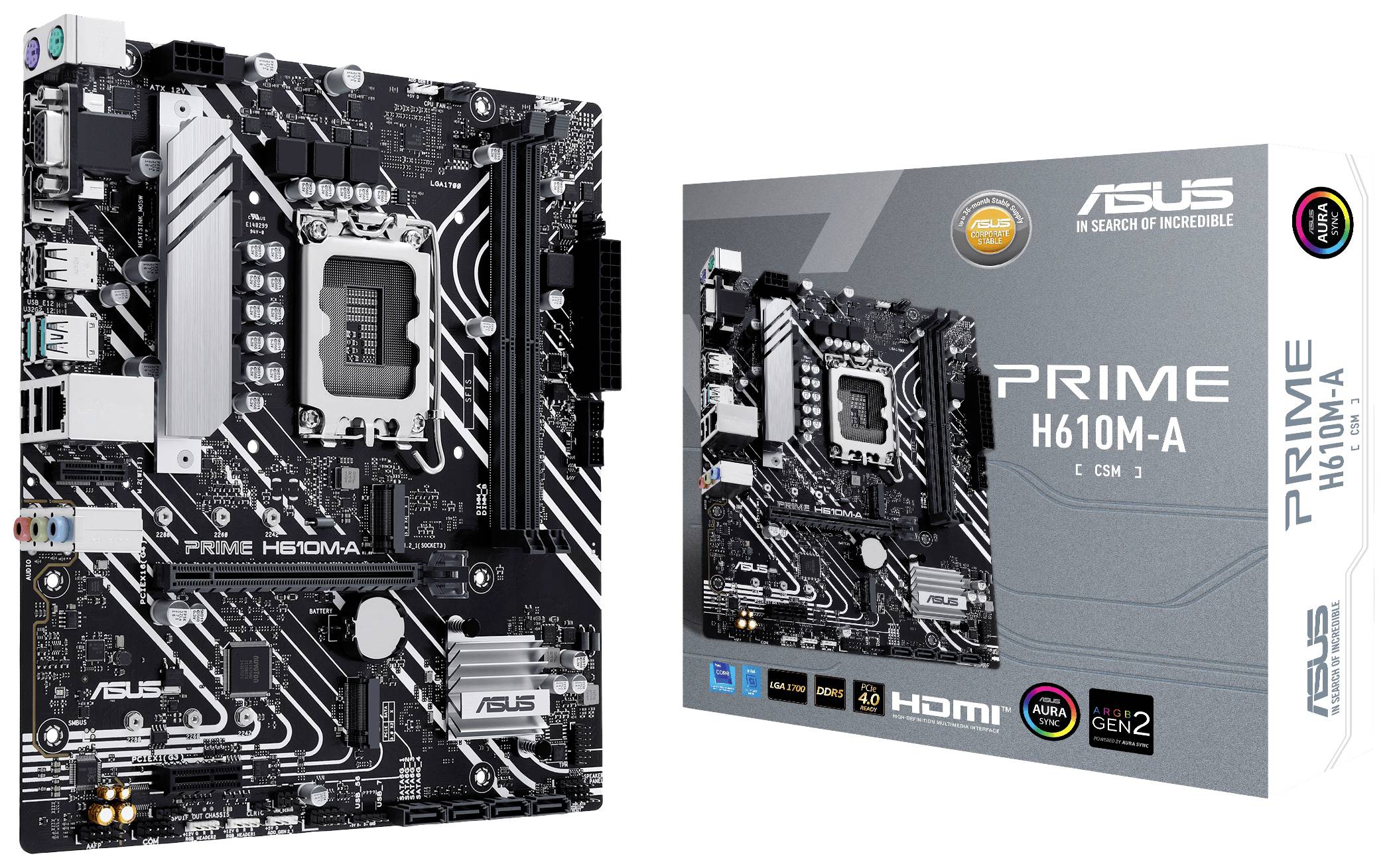 Ein ASUS-Motherboard PRIME H610M-A wird mit seiner Verpackung gezeigt. Das Board ist für Intel-Prozessoren konzipiert.