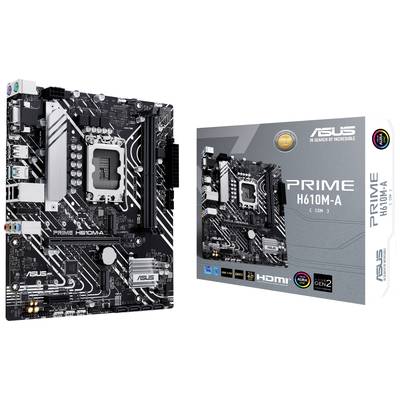 Ein ASUS-Motherboard PRIME H610M-A wird mit seiner Verpackung gezeigt. Das Board ist für Intel-Prozessoren konzipiert.