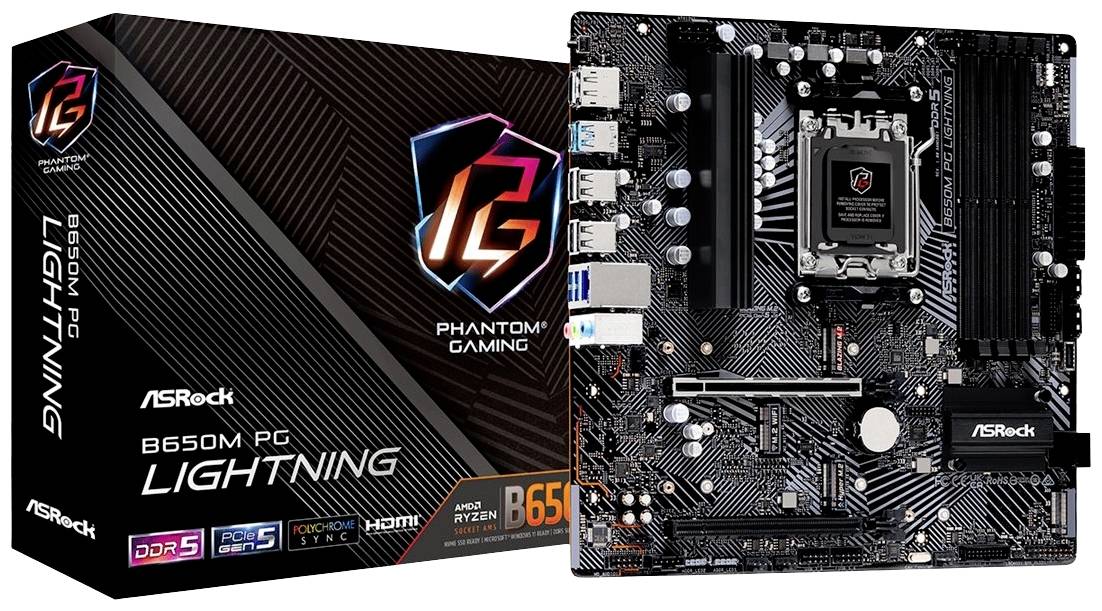 Bilder von ASRock Phantom Gaming B650M PC Lightning Mainboard und Verpackung. Enthält Unterstützung für DDR5, PCIe 5.0 und HDMI.