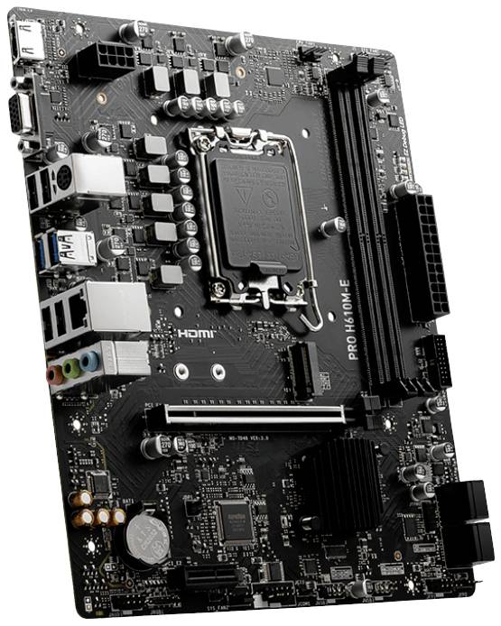 Eine schwarze Computer-Mainboard-Platine mit zahlreichen Anschlüssen und elektronischen Komponenten, darunter RAM-Steckplätze und CPU-Sockel.