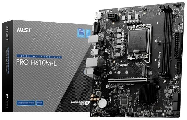 'MSI PRO H610M-E' Mainboard neben Verpackung, zeigt Anschlüsse und Layout des Motherboards. Verpackung betont die Serie und Kompatibilität.