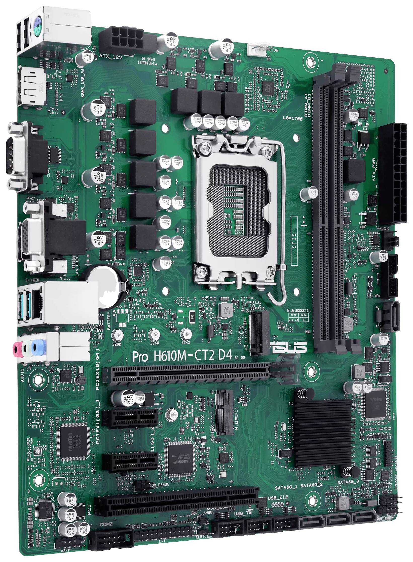 Eine grüne PC-Hauptplatine mit verschiedenen Steckplätzen, Anschlüssen und einem Prozessorsockel in der Mitte.