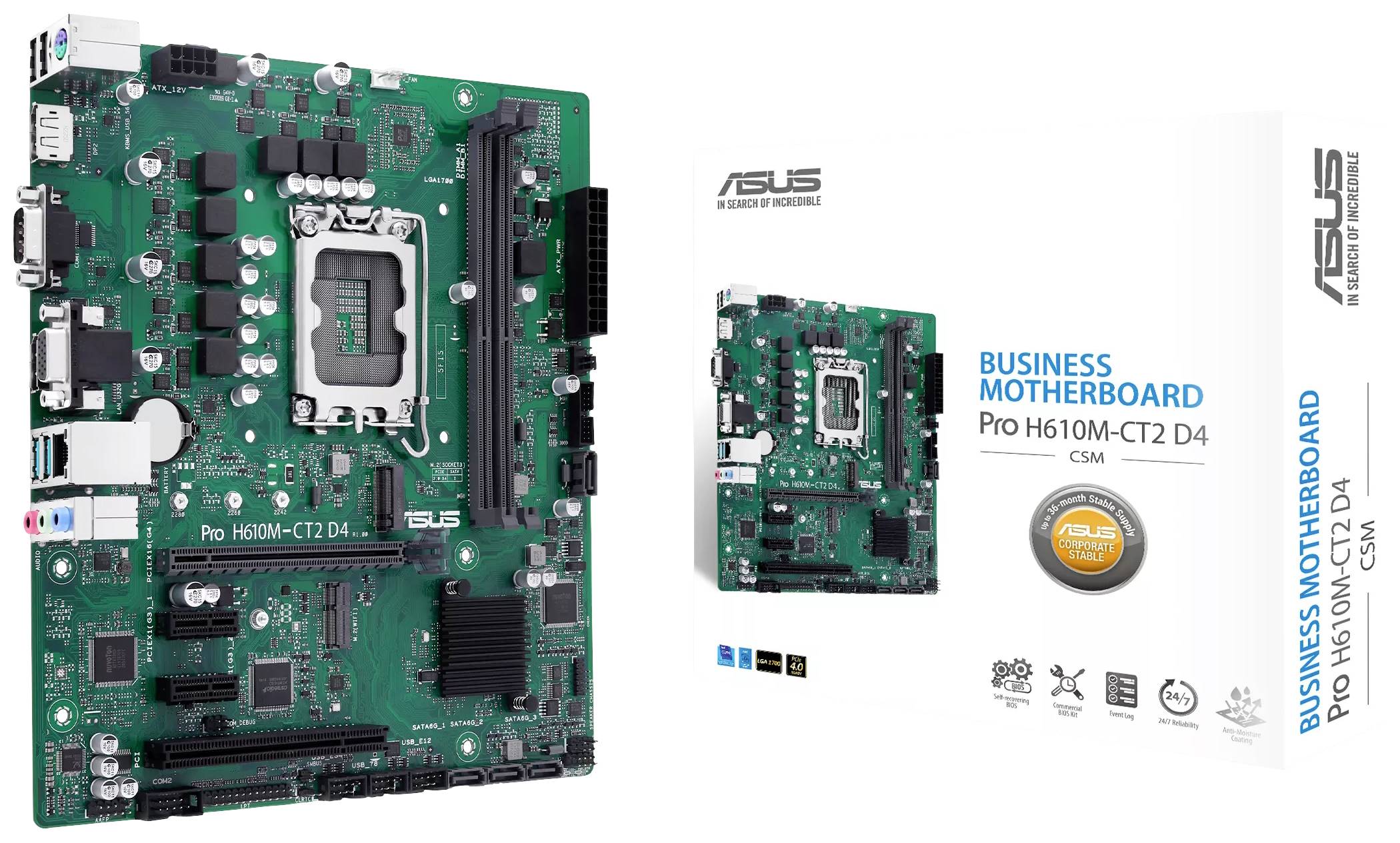 Eine grüne Hauptplatine für Computer mit verschiedenen Komponenten und Anschlüssen. Rechts sieht man die Produktverpackung von ASUS.