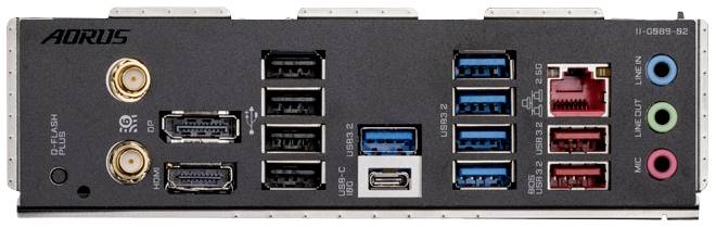 Rückansicht eines Computer-Motherboards mit verschiedenen Anschlüssen: USB, HDMI, Ethernet, Audio und Spannungsversorgung.