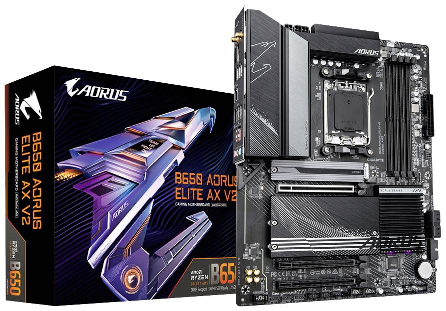 'B650 AORUS ELITE AX V2' - Abbildung eines Computer-Motherboards neben der Verpackung. Markenname und Modell sind hervorgehoben.