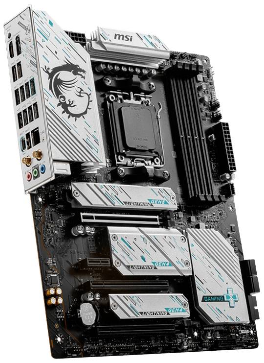 Das Bild zeigt ein Gaming-Mainboard mit erweiterten Kühlkörpern, mehreren PCIe-Steckplätzen und zahlreichen Anschlüssen für Peripheriegeräte.