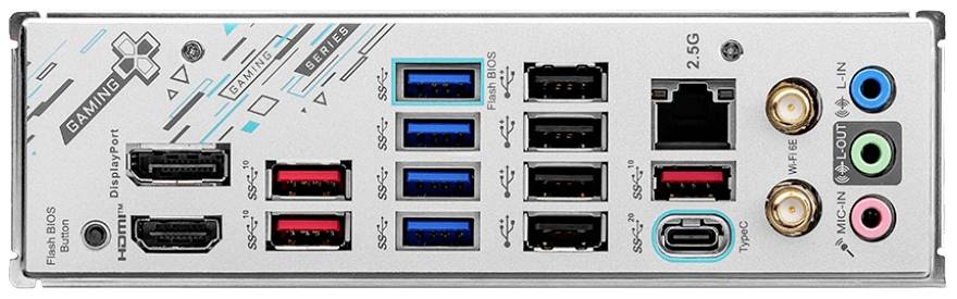 Rückseite eines Gaming-Motherboards mit diversen Anschlüssen: HDMI, USB, Ethernet, Audio-Ausgänge, sowie dedicated Gaming-Ports.