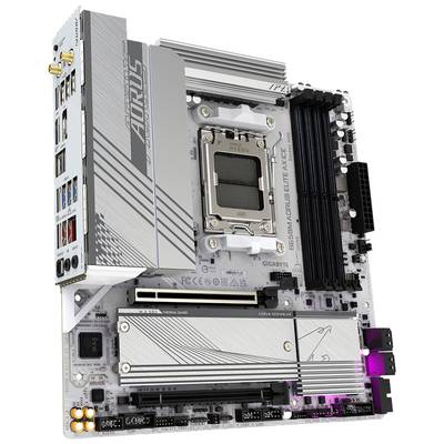 Ein Computer-Mainboard mit verschiedenen Steckplätzen und Anschlüssen für Prozessor, RAM und Erweiterungskarten. Markenlogo links oben.