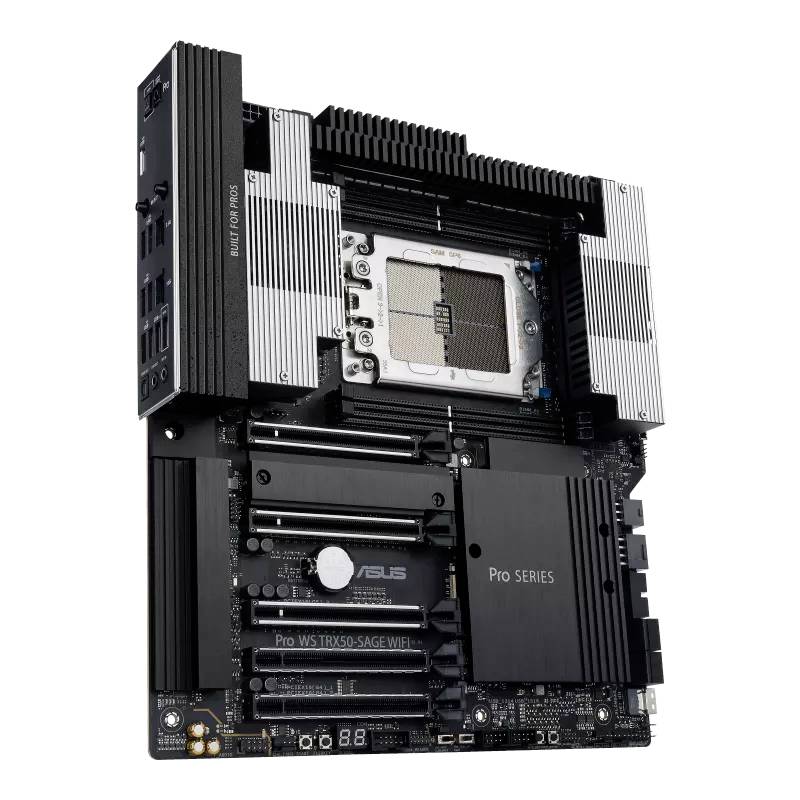 Schwarzes ASUS-Motherboard der Pro-Serie mit mehreren RAM-Steckplätzen, Kühlkörpern und Schnittstellenanschlüssen für High-End-Computing.