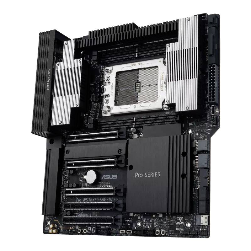 'Motherboard ASUS Pro WS WRX80E-SAGE SE WIFI mit mehreren PCIe-Steckplätzen, RAM-Slots und Kühlkörpern, konzipiert für Workstations.'