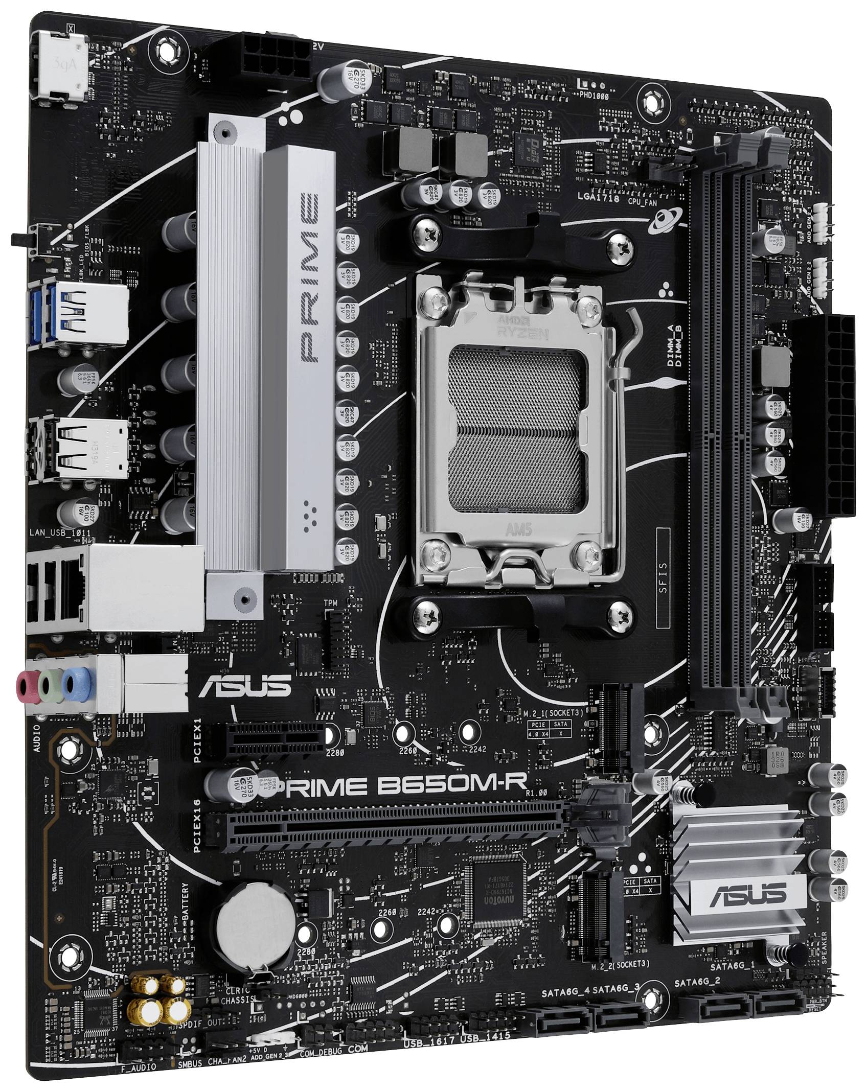 'ASUS Prime B650M-K Mainboard mit AM5-Sockel, PCIe-Steckplätzen, RAM-Steckplätzen und Anschlüssen für Peripheriegeräte.'