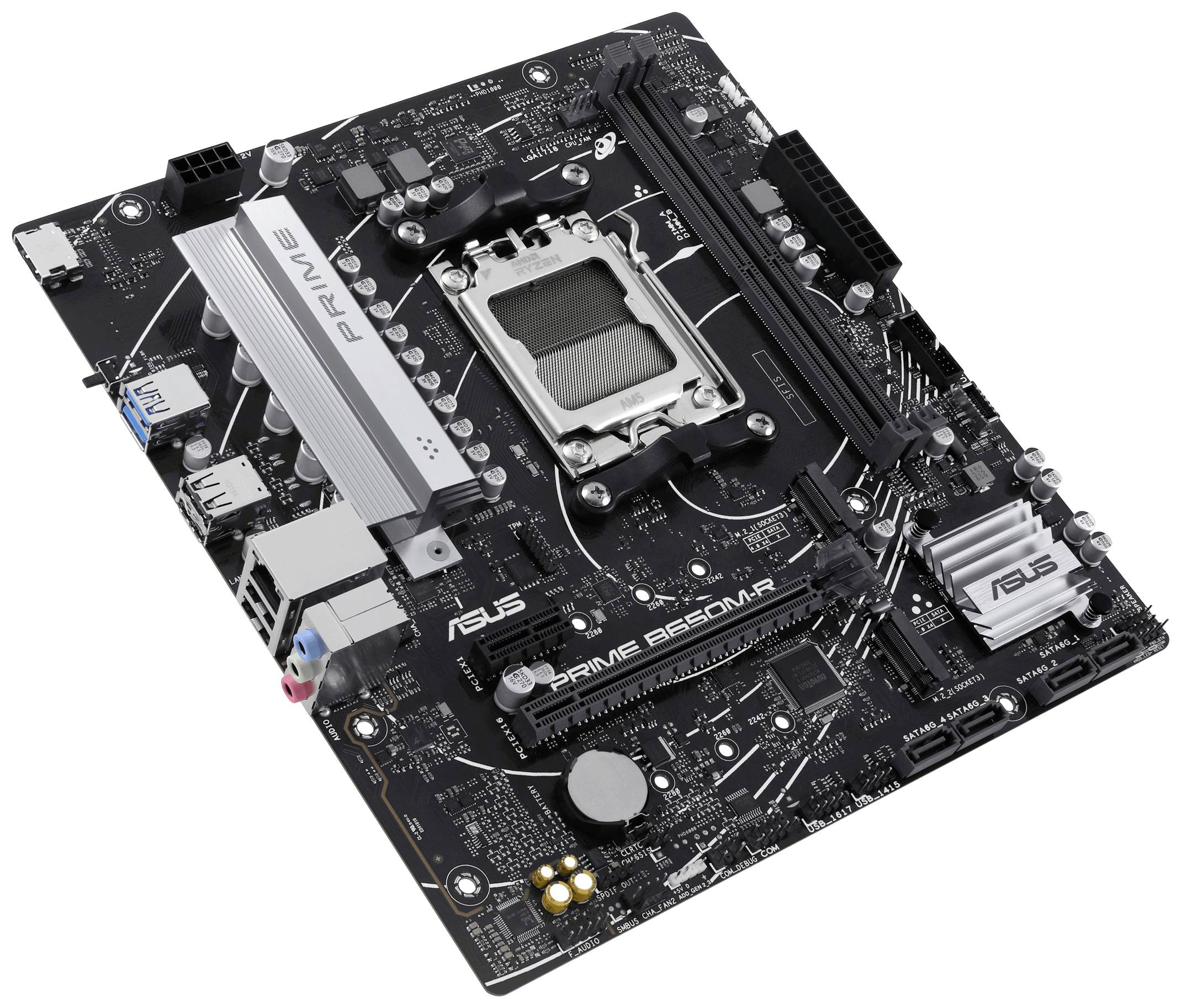 'Schwarzes ASUS PRIME B560M-A Mainboard mit mehreren Anschlüssen und Steckplätzen. Eignet sich zur Integration in Computergehäuse.'