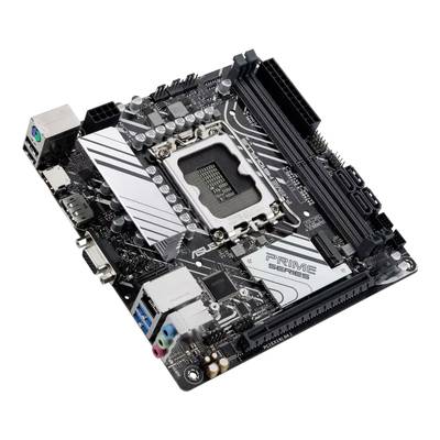 Eine schwarze ASUS Prime-Serie Mainboard-Platine mit Anschlüssen, RAM-Steckplätzen und Stromanschlüssen auf weißem Hintergrund.