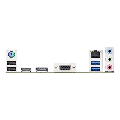 'Anschlüsse auf einem Computer-Motherboard: USB-, HDMI-, VGA-, Ethernet- und Audioanschlüsse, nebeneinander in einer Reihe angeordnet.'