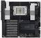 Ansicht eines Computer-Mainboards mit zahlreichen Anschlüssen und einem zentralen CPU-Sockel.