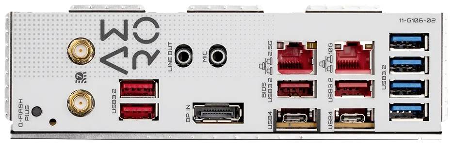 Rückseite eines Computer-Mainboards mit mehreren Anschlussarten: USB-Anschlüsse, HDMI, Audio-Eingänge, Netzwerkanschlüsse, Wi-Fi-Antennen.