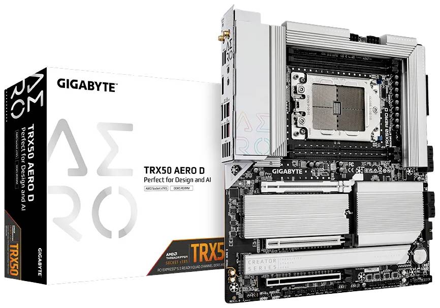 Motherboard 'Gigabyte TRX50 AERO D' neben Verpackung. Entwickelt für Design und KI. Markante Kühlkörper und Anschlussmöglichkeiten.