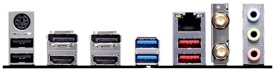 Rückansicht eines Computer-Motherboards mit verschiedenen Anschlüssen: USB-Ports, HDMI, Ethernet, Audio und weitere Schnittstellen.