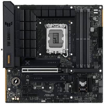 Ein Mainboard im ATX-Format mit mehreren Steckplätzen und Anschlüssen, darunter vier RAM-Steckplätze und ein CPU-Sockel.
