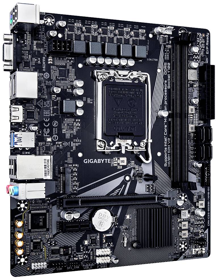 Eine schwarze Motherboard-Platine mit sichtbaren Anschlüssen und Schaltkreisen. Links oben der CPU-Sockel, rechts diverse Steckplätze und Anschlüsse.