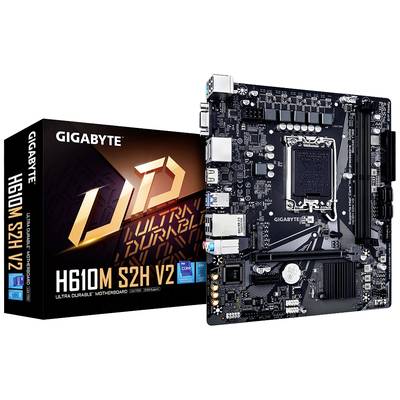 Gigabyte H610M S2H V2 Mainboard neben der Verpackung, zeigt Anschlüsse und Komponenten für Computerbau.