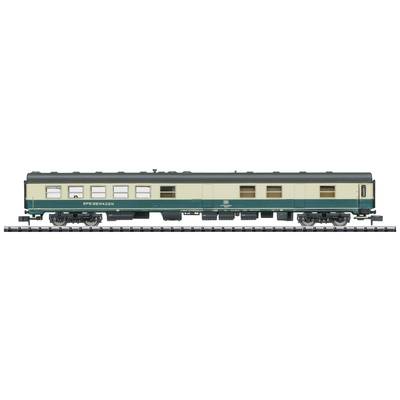 Modelleisenbahn Personenzugwagen, grünes und beige Design, auf einem Gleis.