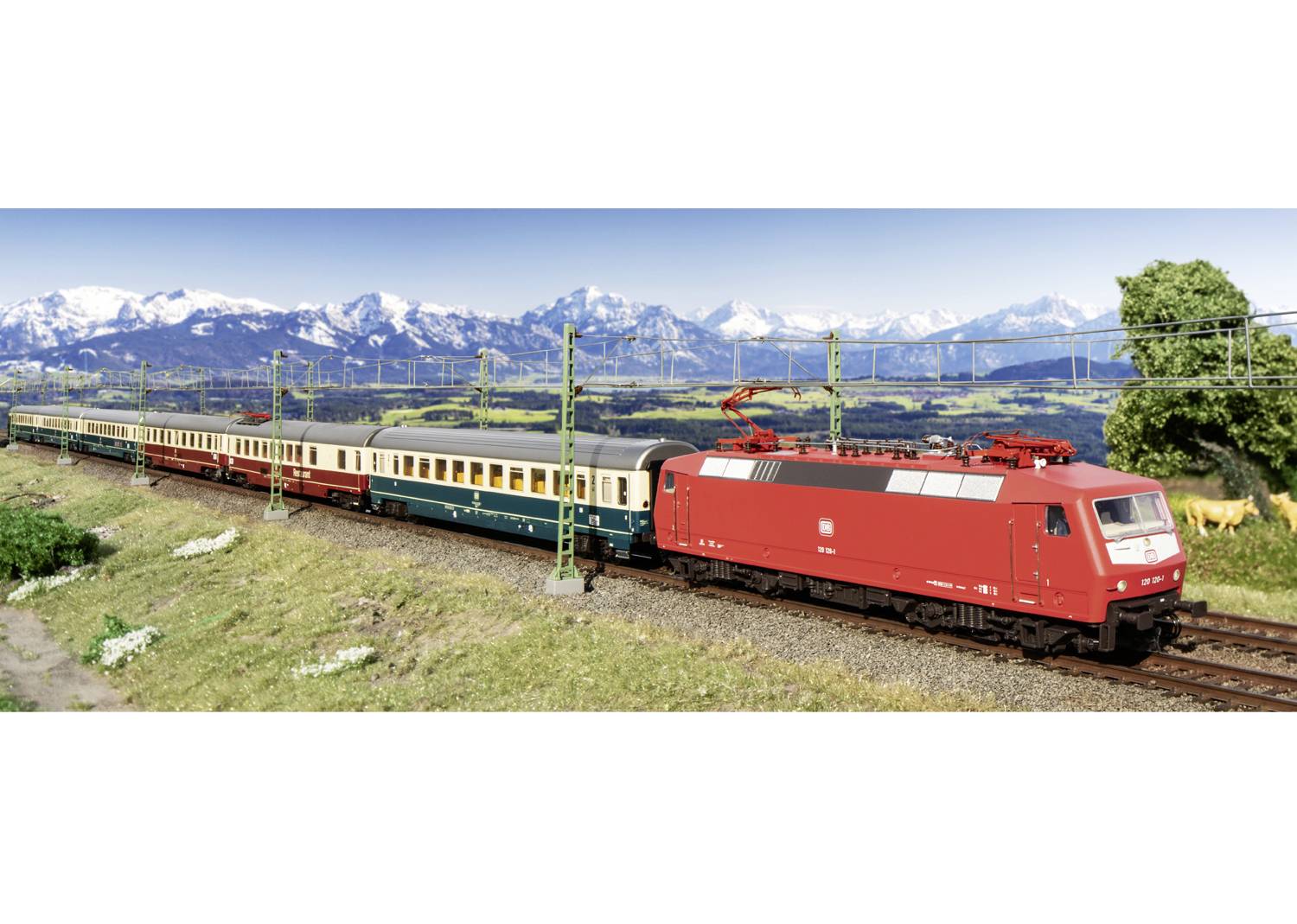 Ein roter Zug fährt durch eine grüne Landschaft mit schneebedeckten Bergen im Hintergrund. Stromleitungen über dem Zug.