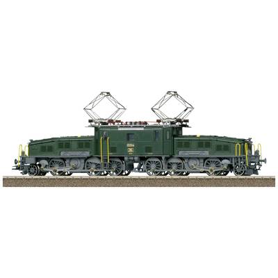 Ein grünes Modell eines elektrischen Zuges mit zwei Stromabnehmern auf einem Gleis. Detaillierte Darstellung der Lokomotive.