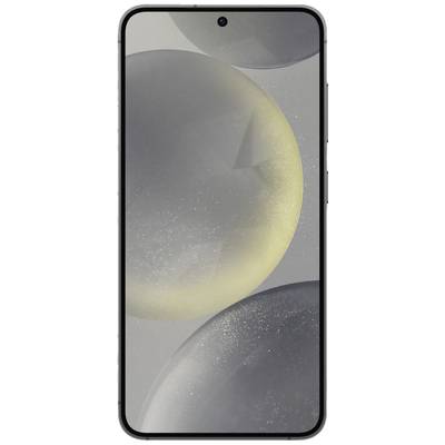 Ein modernes Smartphone mit randlosem Display und einer einzelnen Kameralinse in der Mitte der oberen Kante. Das Hintergrundbild zeigt schwebende Kugeln in Grau- und Gelbtönen.