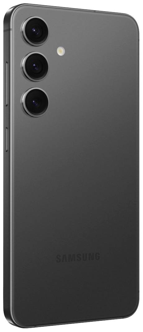 Ein schwarzes Smartphone mit drei Kameraobjektiven auf der Rückseite, platziert vertikal. Das Gerät hat ein schlankes Design.