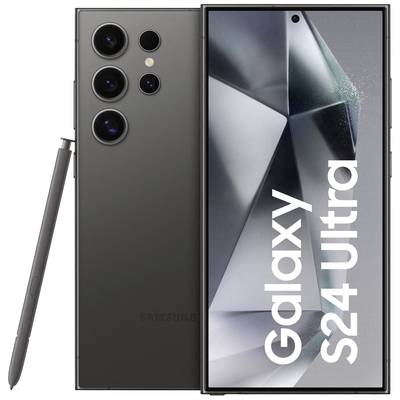Ein schwarzes Smartphone Galaxy S24 Ultra mit vier Kameralinsen und einem Stylus, auf dem Bildschirm steht 'Galaxy S24 Ultra'.