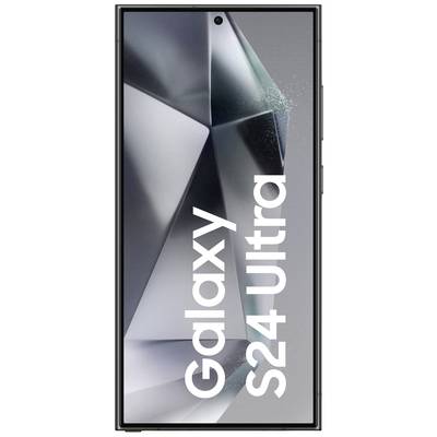 Ein Smartphone-Display mit der Aufschrift 'Galaxy S24 Ultra' und einem abstrakten Hintergrund in grau-schwarzen Tönen.