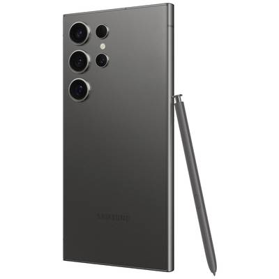 Ein schwarzes Smartphone mit mehreren Kameralinsen und einem daneben platzierten Eingabestift, schräg von hinten aufgenommen.